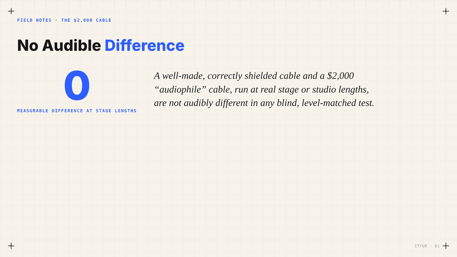 No audible difference between cables at stage lengths — Field Notes