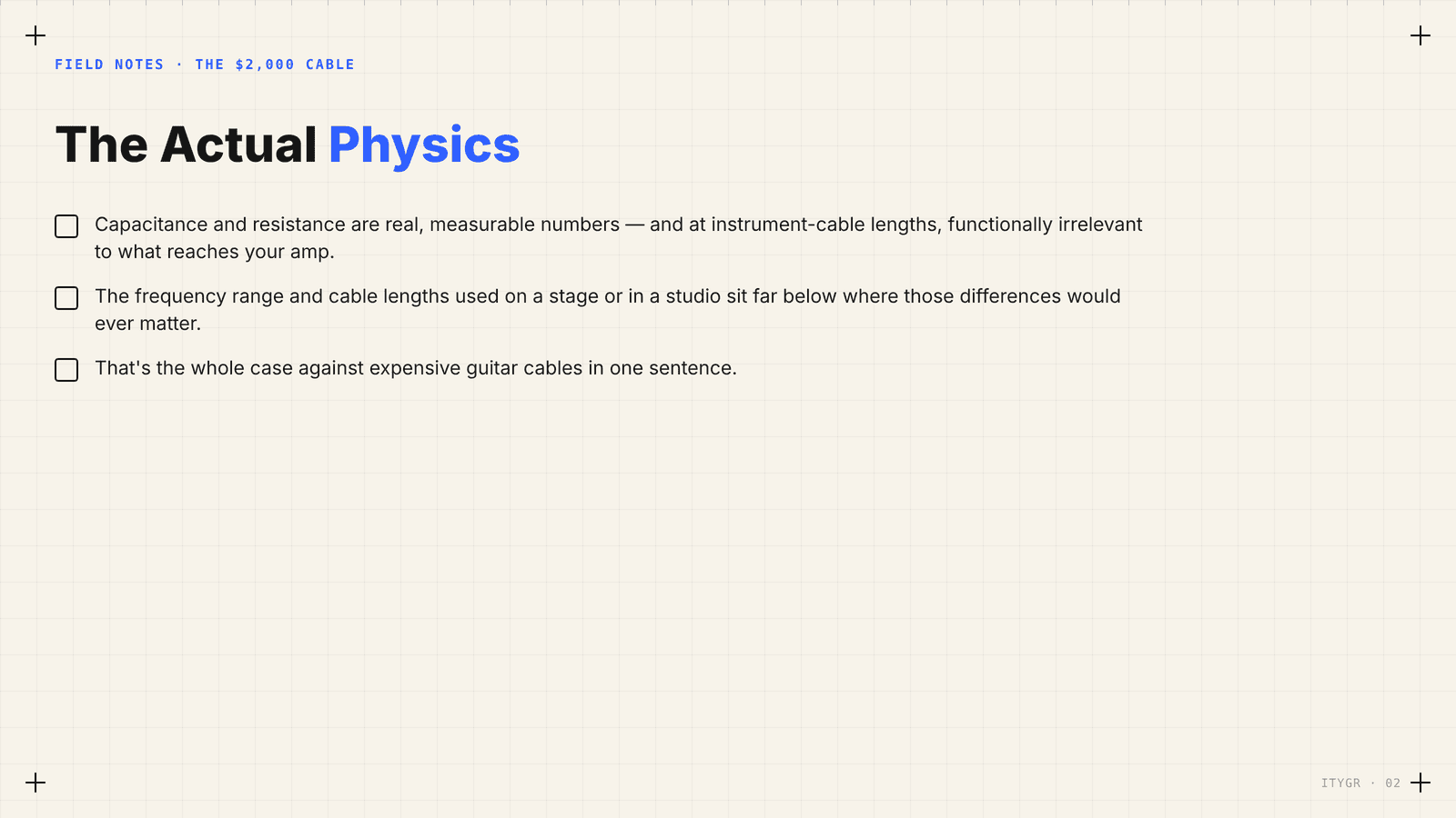 The actual physics of guitar cable capacitance and resistance — Field Notes