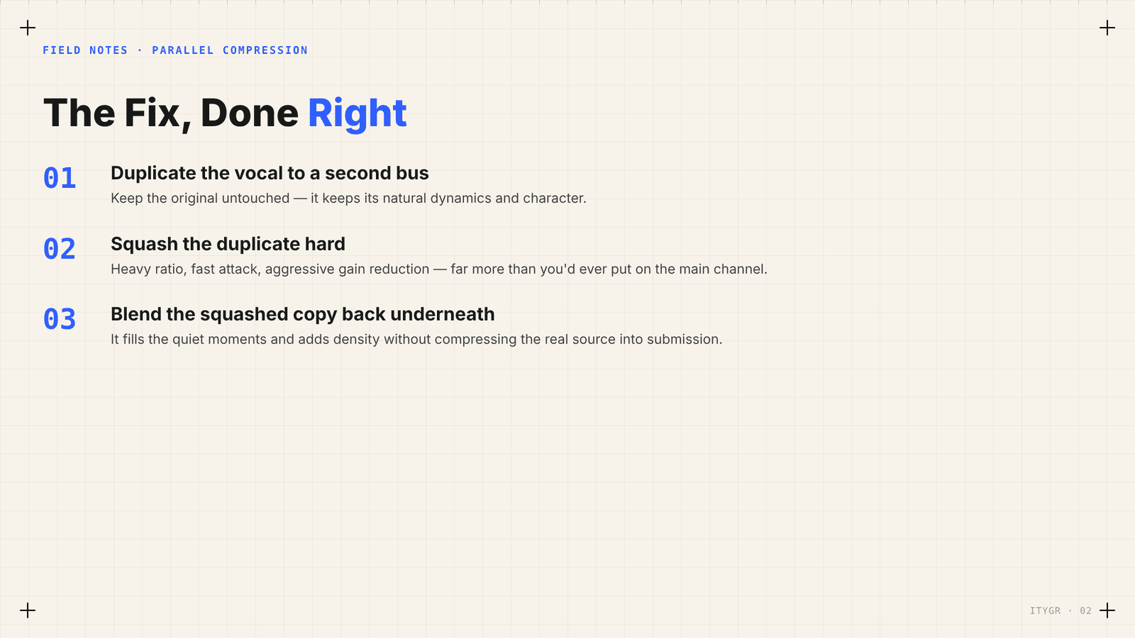 The fix, done right — duplicate, squash the copy, blend it back under the original