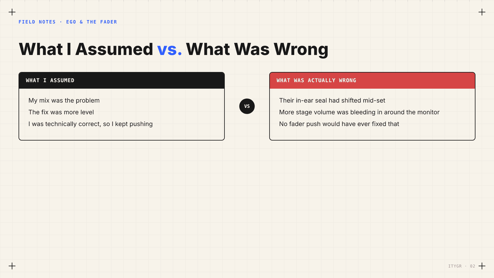 What I assumed versus what was actually wrong — Field Notes