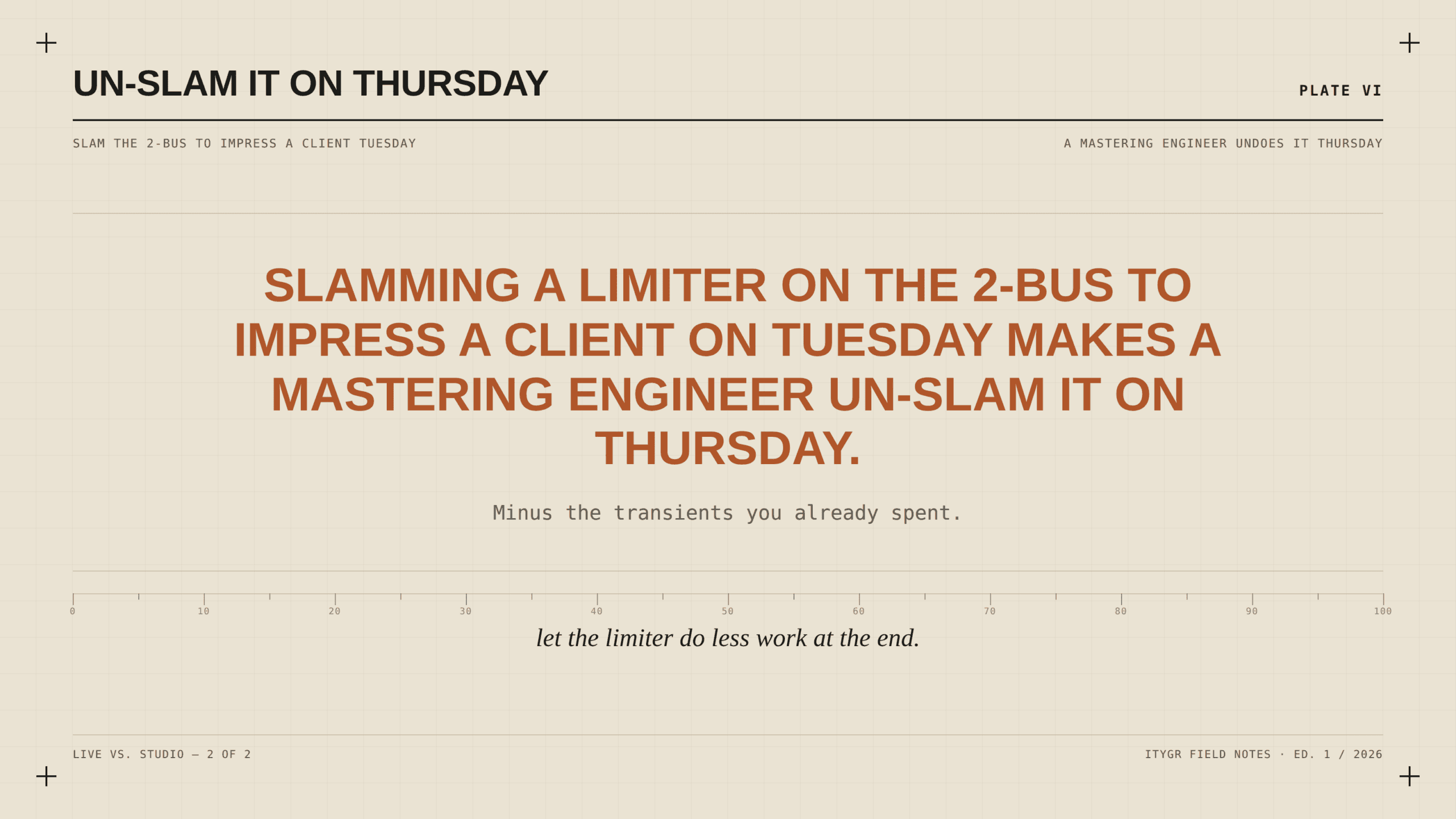 Slamming a limiter on the 2-bus to impress a client Tuesday means a mastering engineer un-slams it Thursday