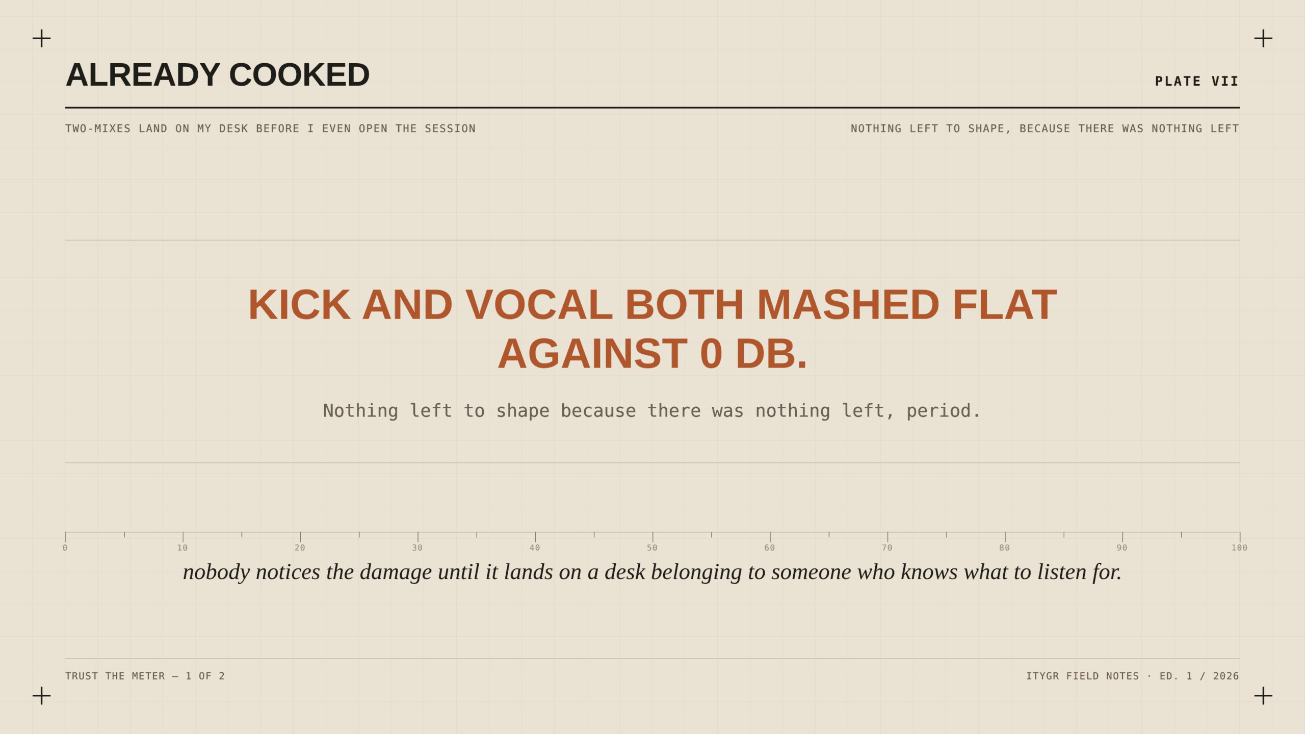 Two-mixes land on my desk already cooked before I even open the session, kick and vocal both mashed flat against 0 dB