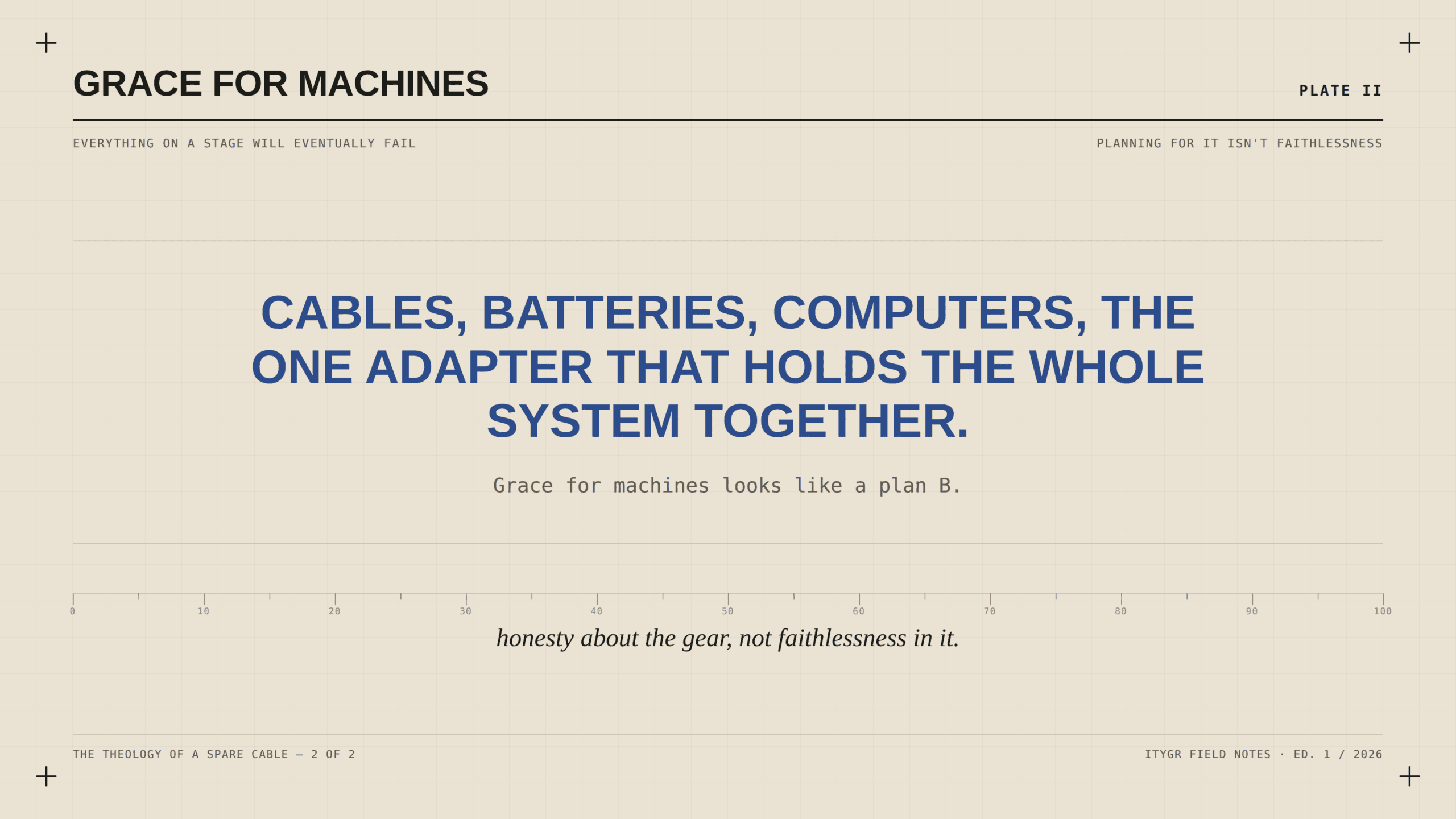 Plate: everything on a stage will eventually fail, grace for machines looks like a plan B