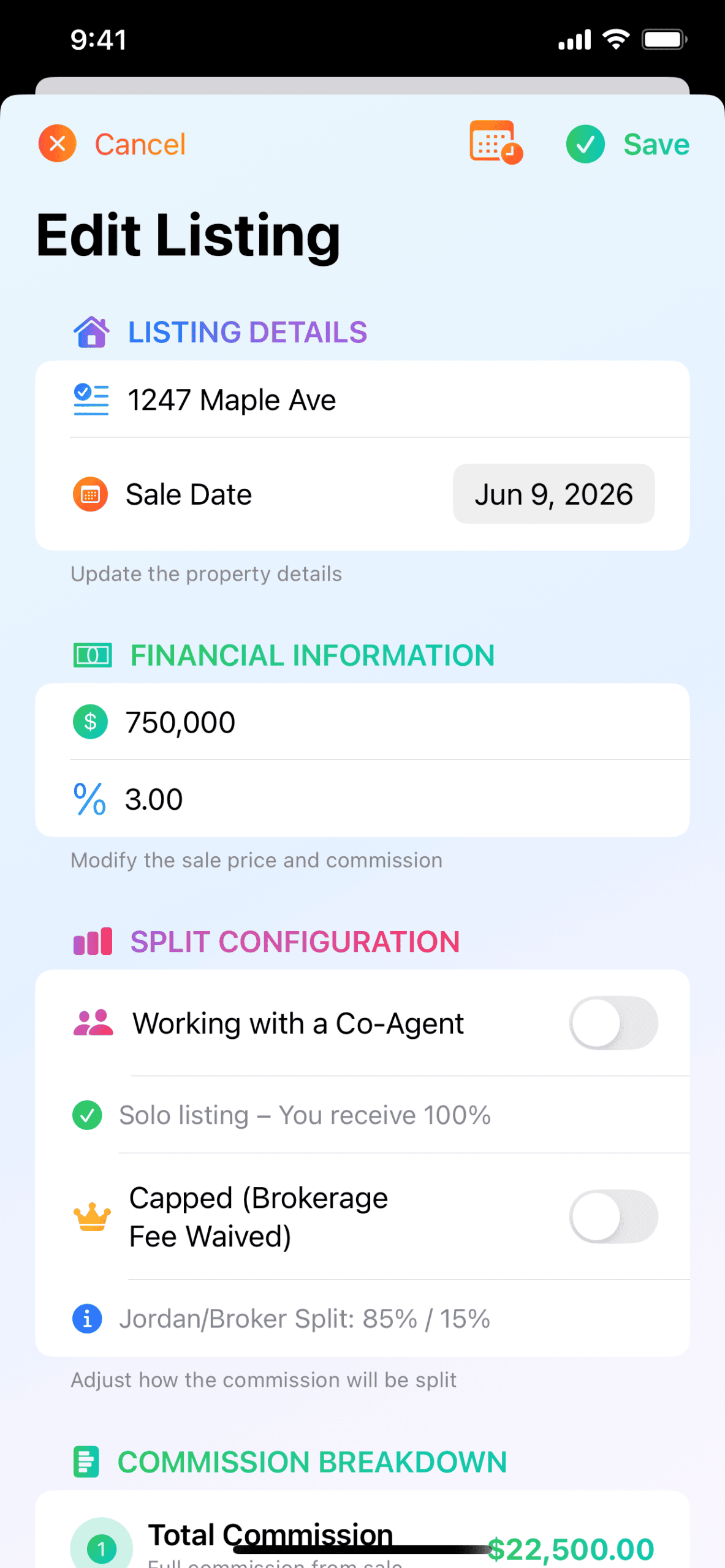 Realtor's Buddy screen showing sale price and commission split